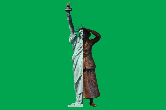 statue of liberty collaged with a statue of annie moore from ellis island