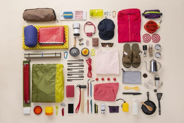 Camping equipment flat lay