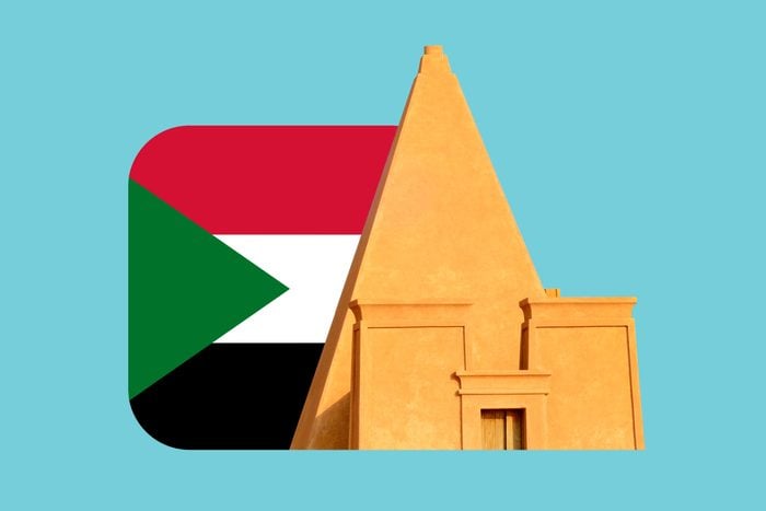 Sudan flag image collages with sudanese pyramid image on blue background