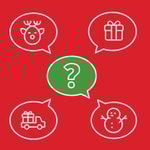 Icons of reindeer, presents, and snowman in thought bubbles